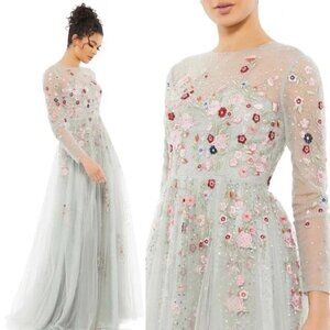 NWT Mac Duggal 11241 Embroidered Illusion High Neck Long Sleeve A Line Gown Sz 6